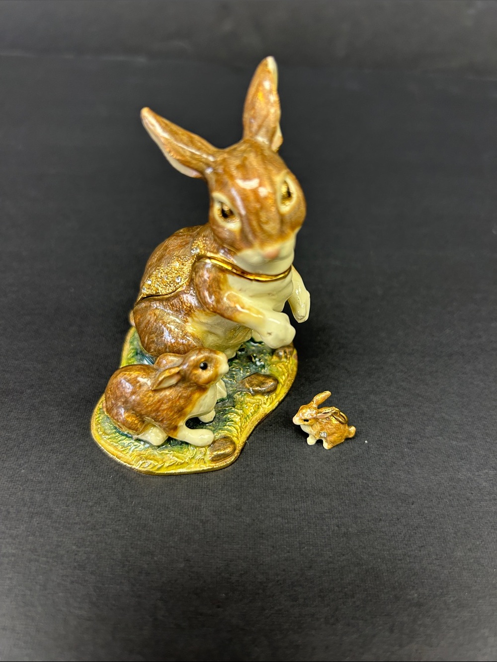 Vintage hand painted enamelled bejewelled metal hinged Bunny trinket box